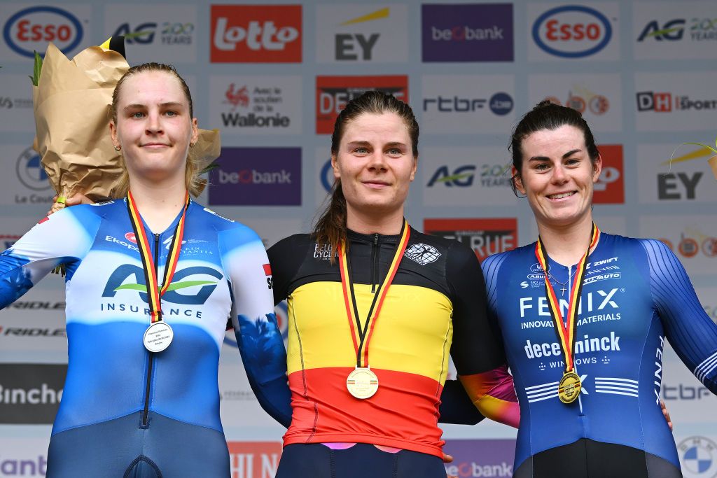 BINCHE BELGIUM JUNE 20 LR Silver medalist Marthe Goossens of Belgium and AG InsuranceSoudal Team gold medalist Lotte Kopecky of Belgium and Team SD WorxProtime and bronze medalist Marion Norbert Riberolle of France and Team FenixDeceuninck pose on the podium during the medal ceremony after during the 105th National Championships Belgium 2024 Womens Individual Time Trial a 193 km on June 20 2024 in Binche Belgium Photo by Luc ClaessenGetty Images
