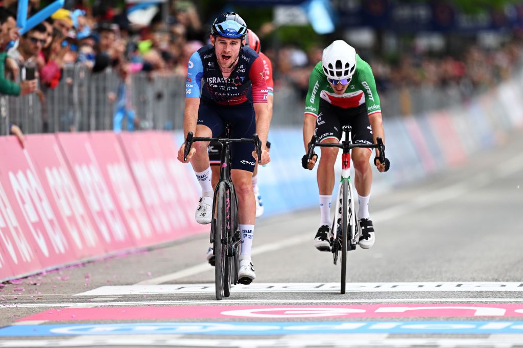 FOSSOMBRONE ITALY MAY 13 LR Derek Gee of Canada and Team Israel Premier Tech and Filippo Zana of Italy and Team Jayco AlUla cross the finish line during the 106th Giro dItalia 2023 Stage 8 a 207km stage from Terni to Fossombrone UCIWT on May 13 2023 in Fossombrone Italy Photo by Stuart FranklinGetty Images