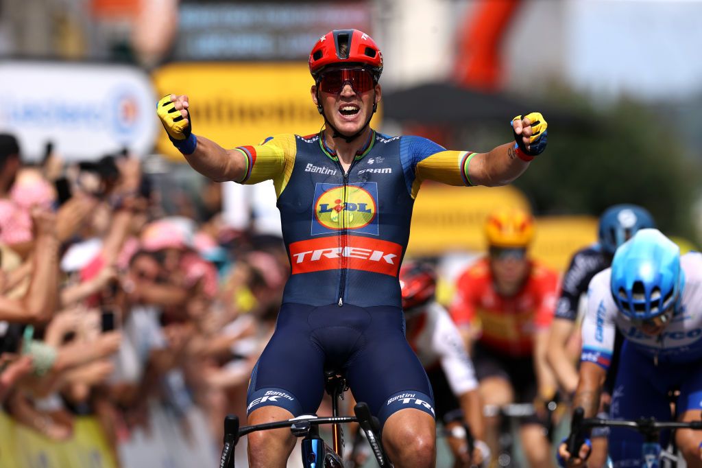 LIMOGES FRANCE JULY 08 Mads Pedersen of Denmark and Team LidlTrek celebrates at finish line as stage winner during the stage eight of the 110th Tour de France 2023 a 2007km stage from Libourne to Limoges UCIWT on July 08 2023 in Limoges France Photo by Michael SteeleGetty Images