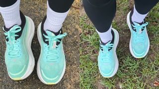 Health Editor Grace Walsh wearing Hoka Bondi 9 on pavement and muddy grass in collage