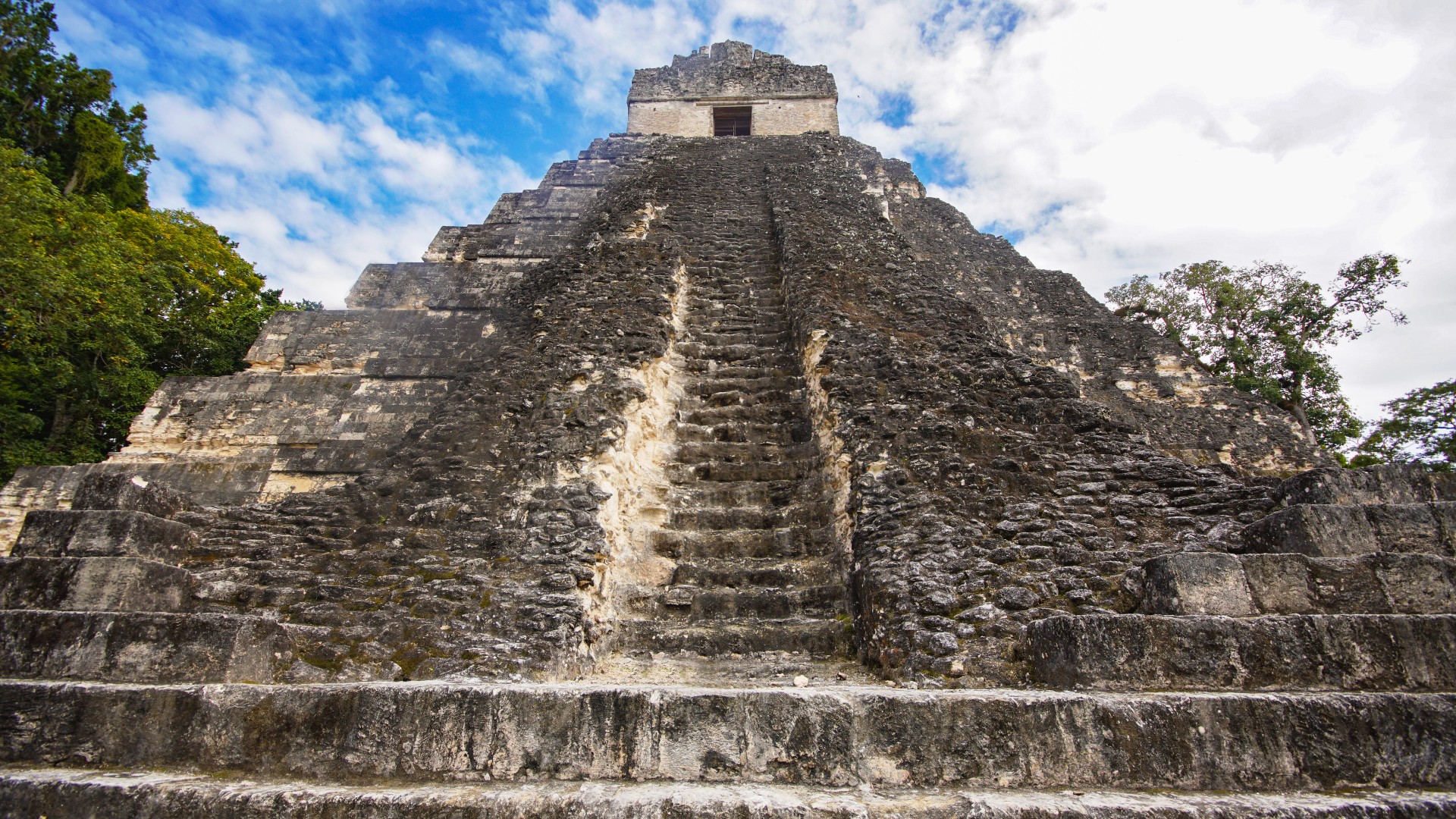 Here we see the Temple of the Great Jaguar or Temple I, a Mayan Pyramid in the rainforest of Tikal, Guatemala. It is a tall step pyramid with a long staircase in the center leading to an open doorway at the top. There are green trees to the left and right of the structure, and bright blue skies with lots of white clouds.