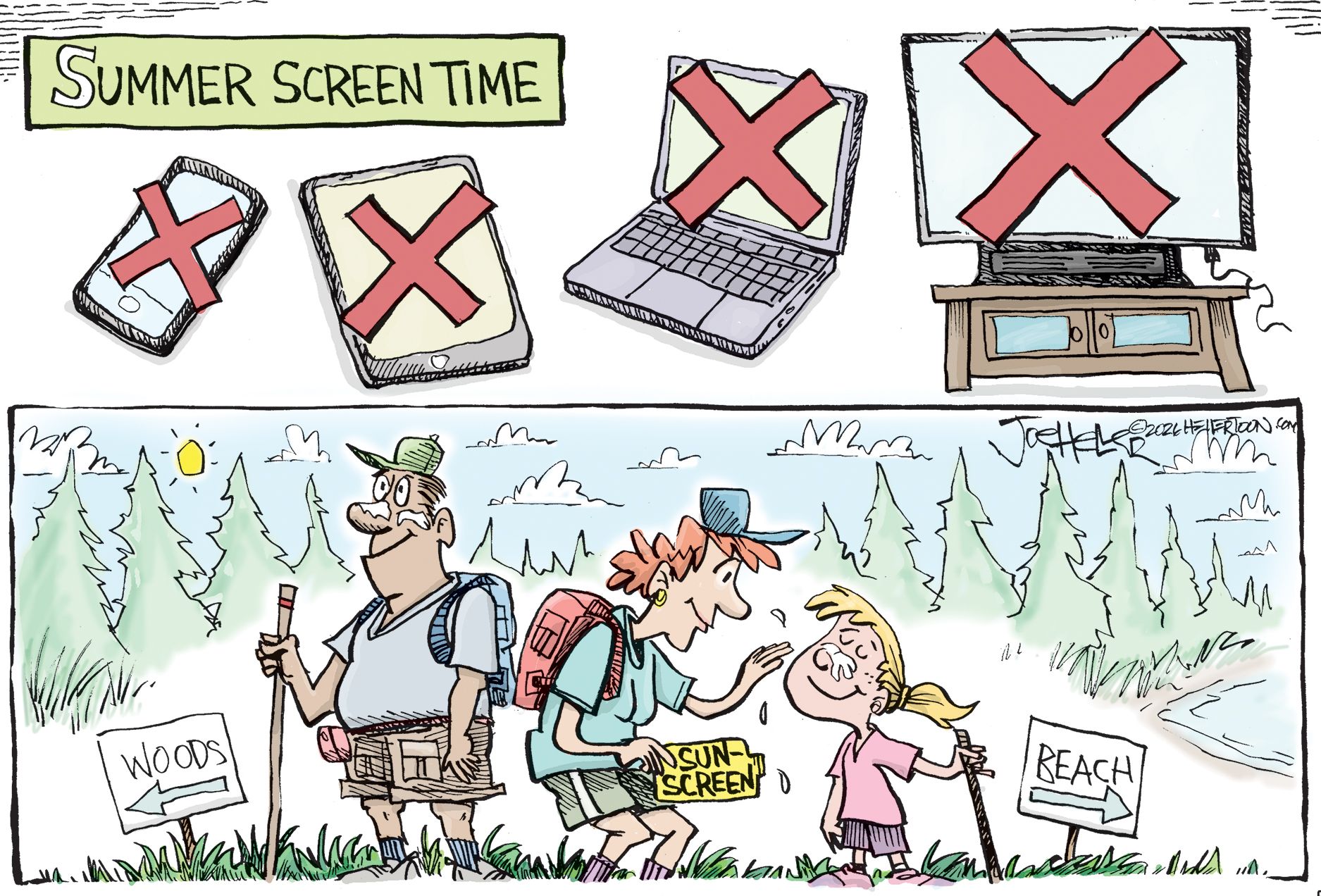 
                                This two-panel cartoon is titled “Summer Screen Time”. The top panel displays images of a cell phone, tablet, laptop computer, and television that all have large Xs on them. The bottom panel shows a happy family outside with a mother, father, and daughter. They are dressed for camping and have signs point to the woods and the beach. The mother puts sunscreen on the daughter’s face. There are clouds in the sunny sky and evergreen trees.
                            