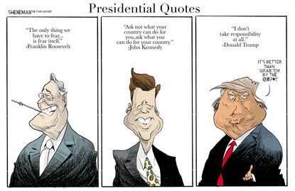 Political Cartoon U.S. presidential quotes Roosevelt Kennedy Trump no responsibility
