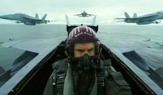 Top Gun: Maverick Tom Cruise in the cockpit, flanked by his squadron
