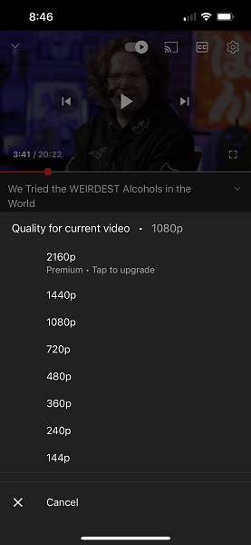 Uygulamada görünen YouTube'un yeni 4K çözünürlük seçeneği.