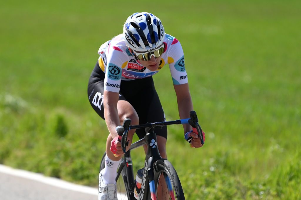 JACA SPAIN MAY 02 Karlijn Swinkels of The Netherlands and UAE Team ADQ Polka Dot Mountain Jersey competes in the breakaway during the 10th La Vuelta Femenina 2024 Stage 5 a 1139km stage from Huesca to Alto del Fuerte Rapitan Jaca 1103m UCIWWT on May 02 2024 in Jaca Spain Photo by Alex BroadwayGetty Images