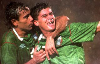 Ramon Ramirez is congratulated by Hugo Sanchez after scoring for Mexico against Ecuador at the 1993 Copa America.