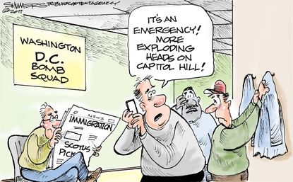Political Cartoon U.S. Capitol Hill exploding heads Senate Congress