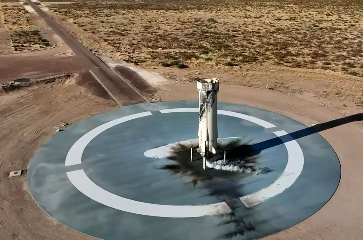 New Shepard's Blue Origin propulsion module lands back on Earth after launching the NS-21 crew to space on Saturday, June 4, 2022.