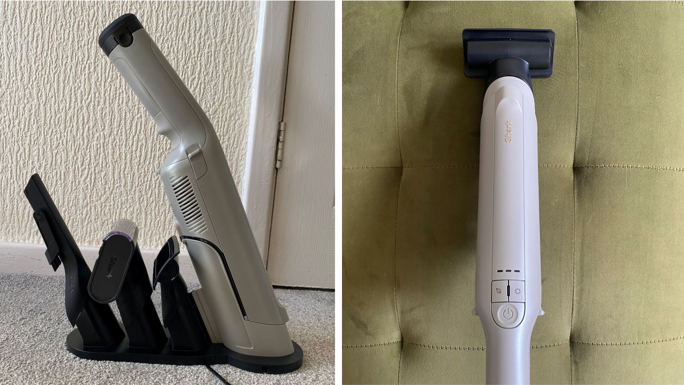 Shark WandVac Deluxe Handheld Vacuum with tools on the base on the left, and the handheld vacuum cleaning a green pouffe on the right