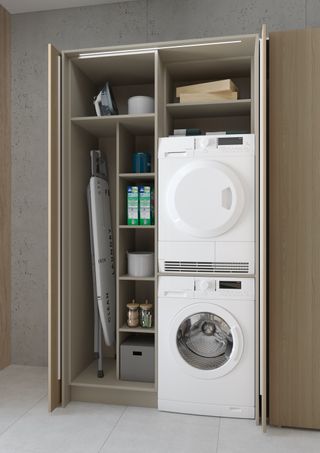 small freestanding utility storage cupboard with washing machine