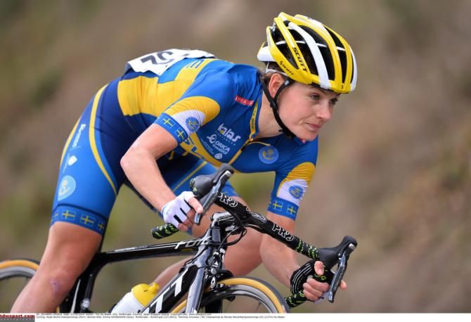 Emma Johansson (Sweden) corners during the race