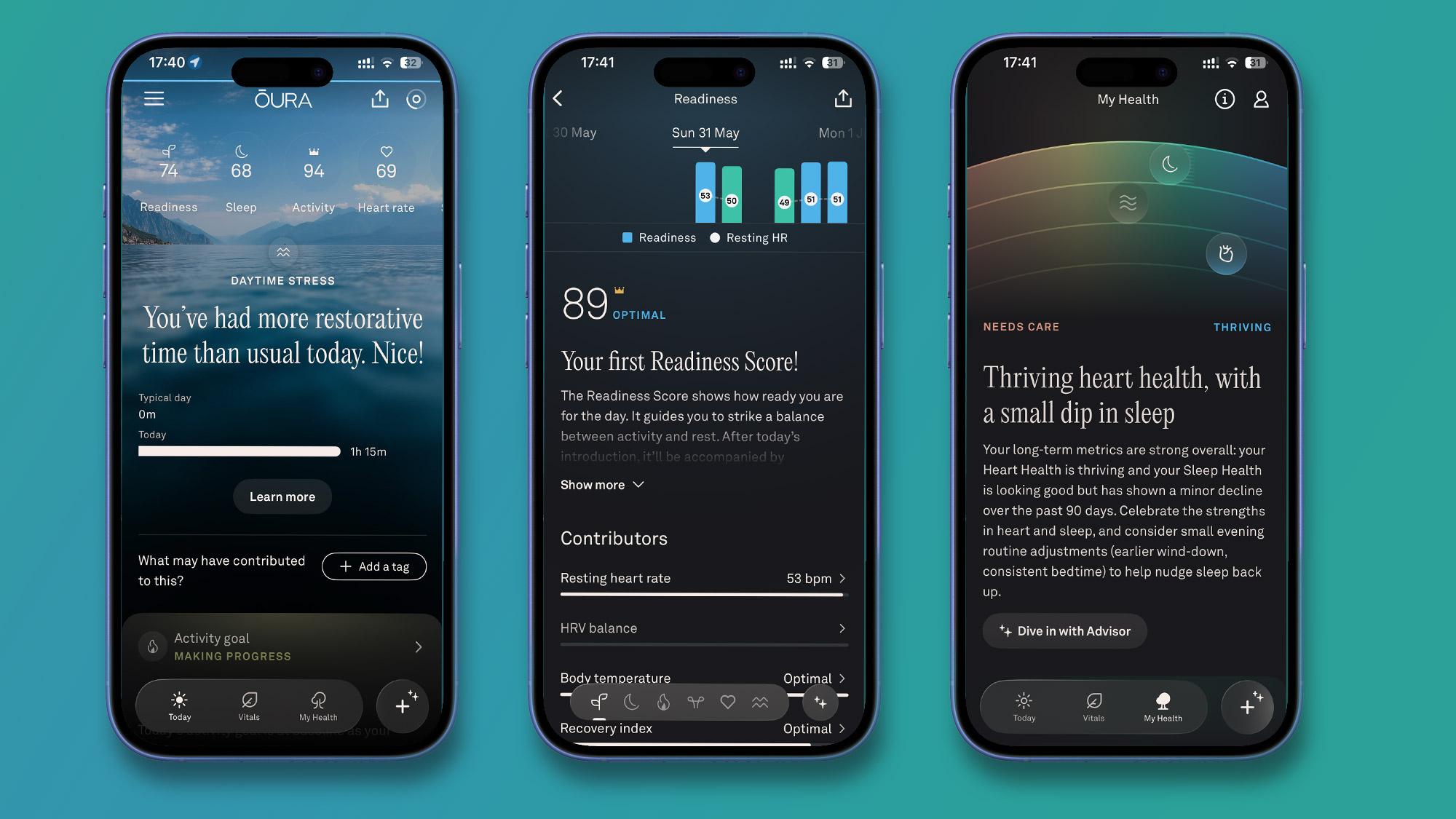 Three iPhone cutouts showing the Oura Ring app