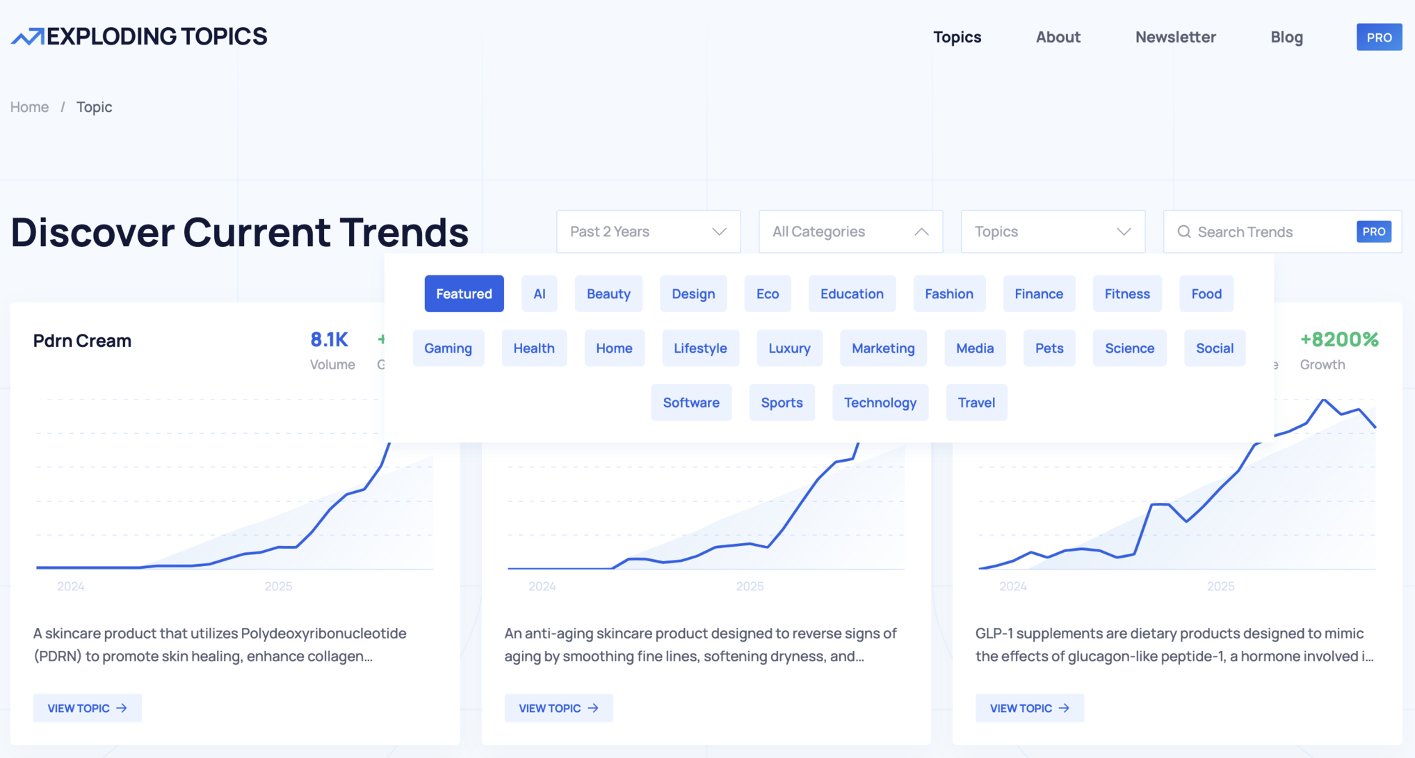 Website screenshot of Exploding Topics (November, 2025)