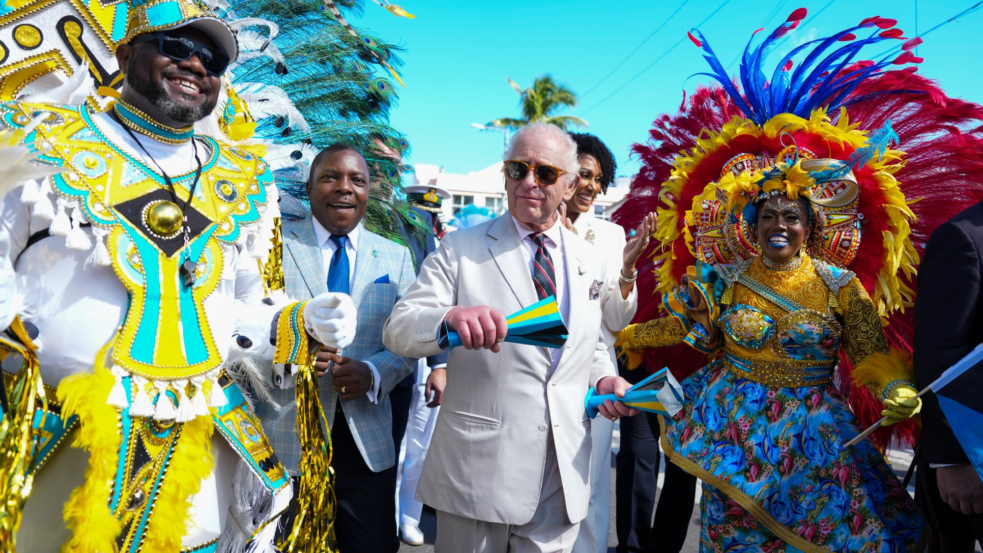 King Charles III at a Junkanoo parade in Parliament Square, Nassau