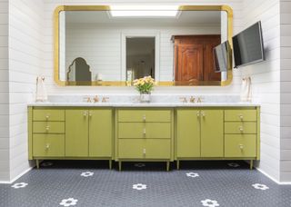 lime green bathroom vanity unit with large mirror, double sinks, grey hex floor tiles, shiplap walls