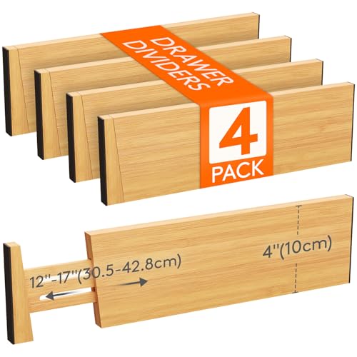 Lifewit 4" High 4 Pack Bamboo Drawer Dividers 31-40cm/12-16 Adjustable Wooden Drawer Organiser for Clothes, Expandable Kitchen Drawer Dviders, Drawer Separator in Bedroom/bathroom/dresser/office