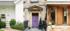 Three examples of front door color ideas. White front door and porch. Purple front door on traditional stone building. Wooden front door on modern property.