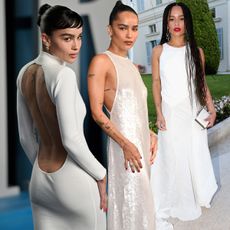 a collage of zoe kravitz in different white bridal-coded outfits.