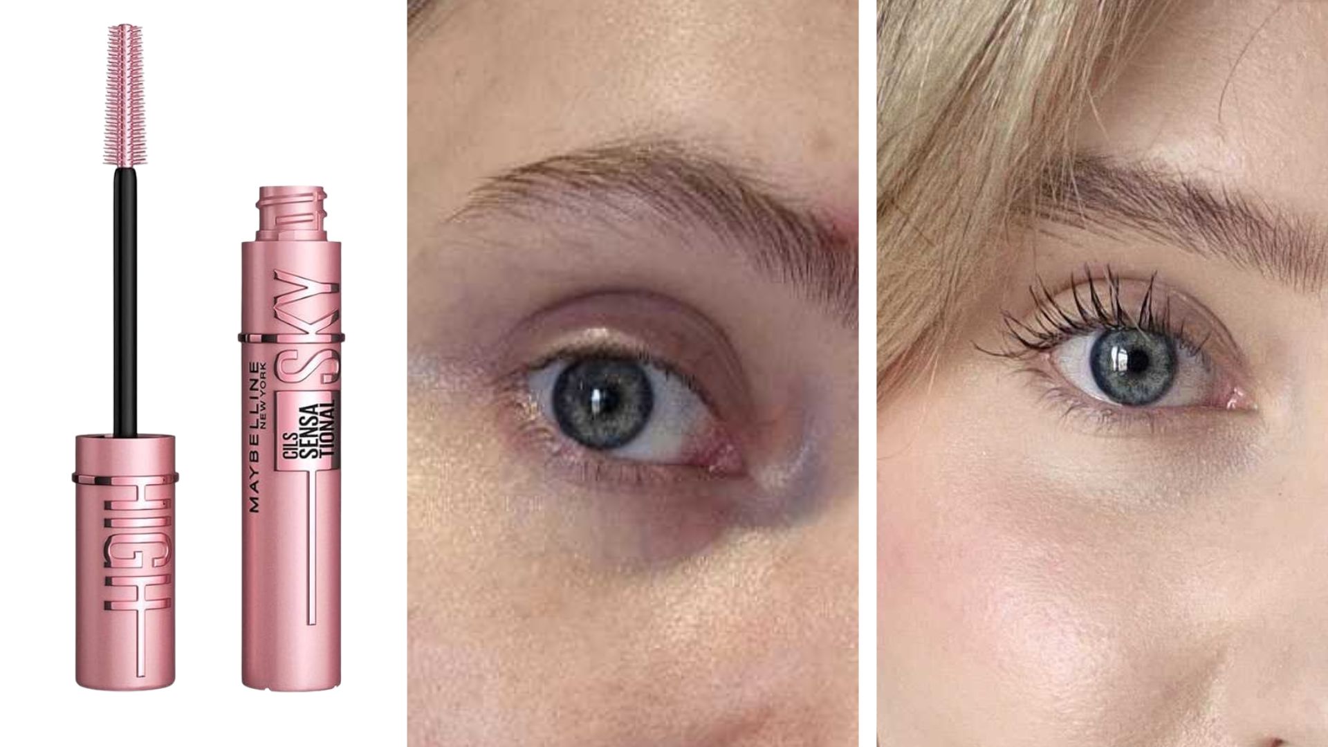 Naomi Jamieson&#039;s lashes, before and after Maybelline sky high mascara beside a product shot