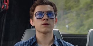 Tom Holland wearing Tony Stark's glasses in Spider-Man: Far From Home