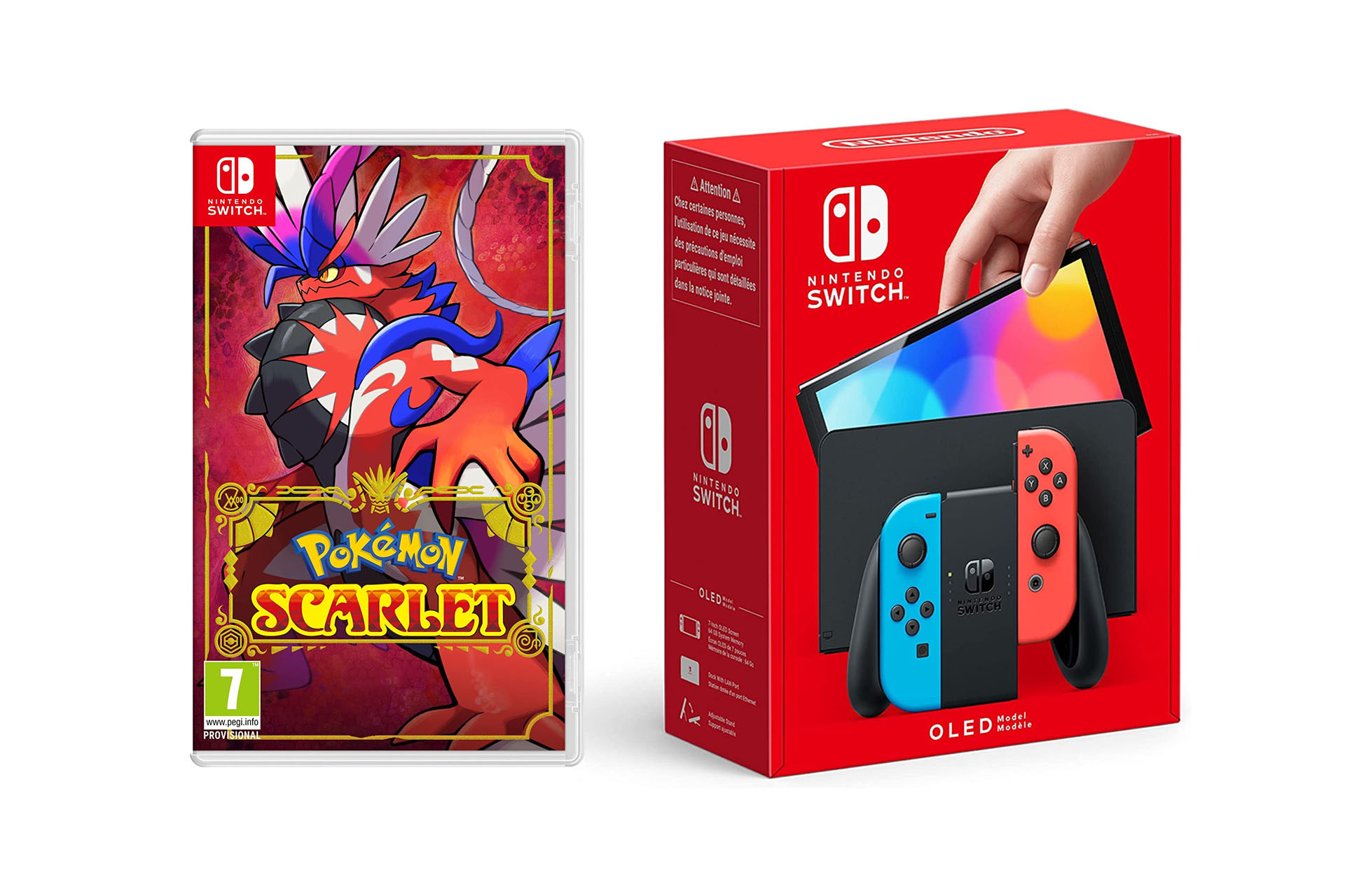 Product shots of Pokemon Scarlet and the Nintendo Switch OLED console