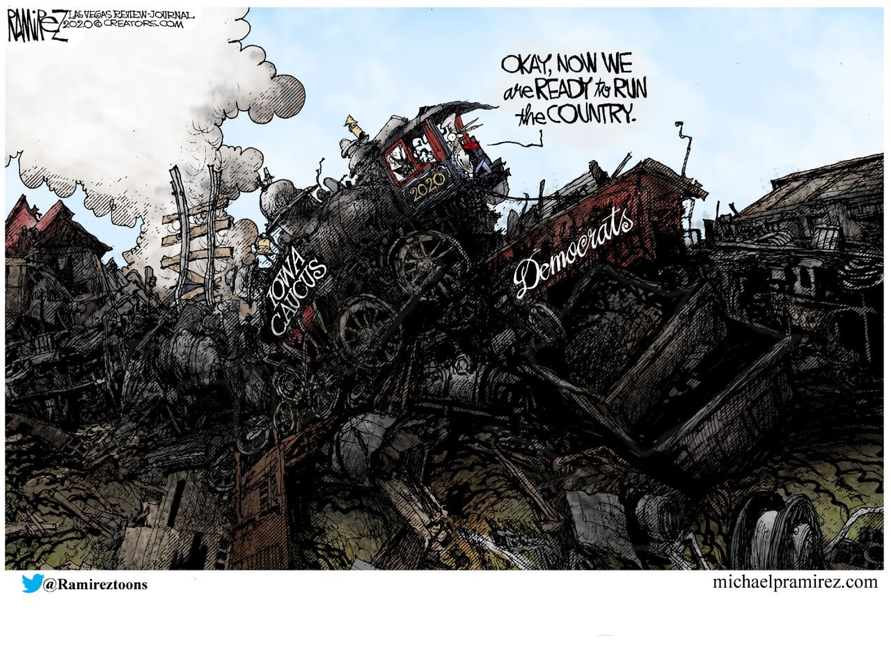 Political Cartoon U.S. Democrats Iowa Caucus leadership primaries trainwreck 2020 presidential election