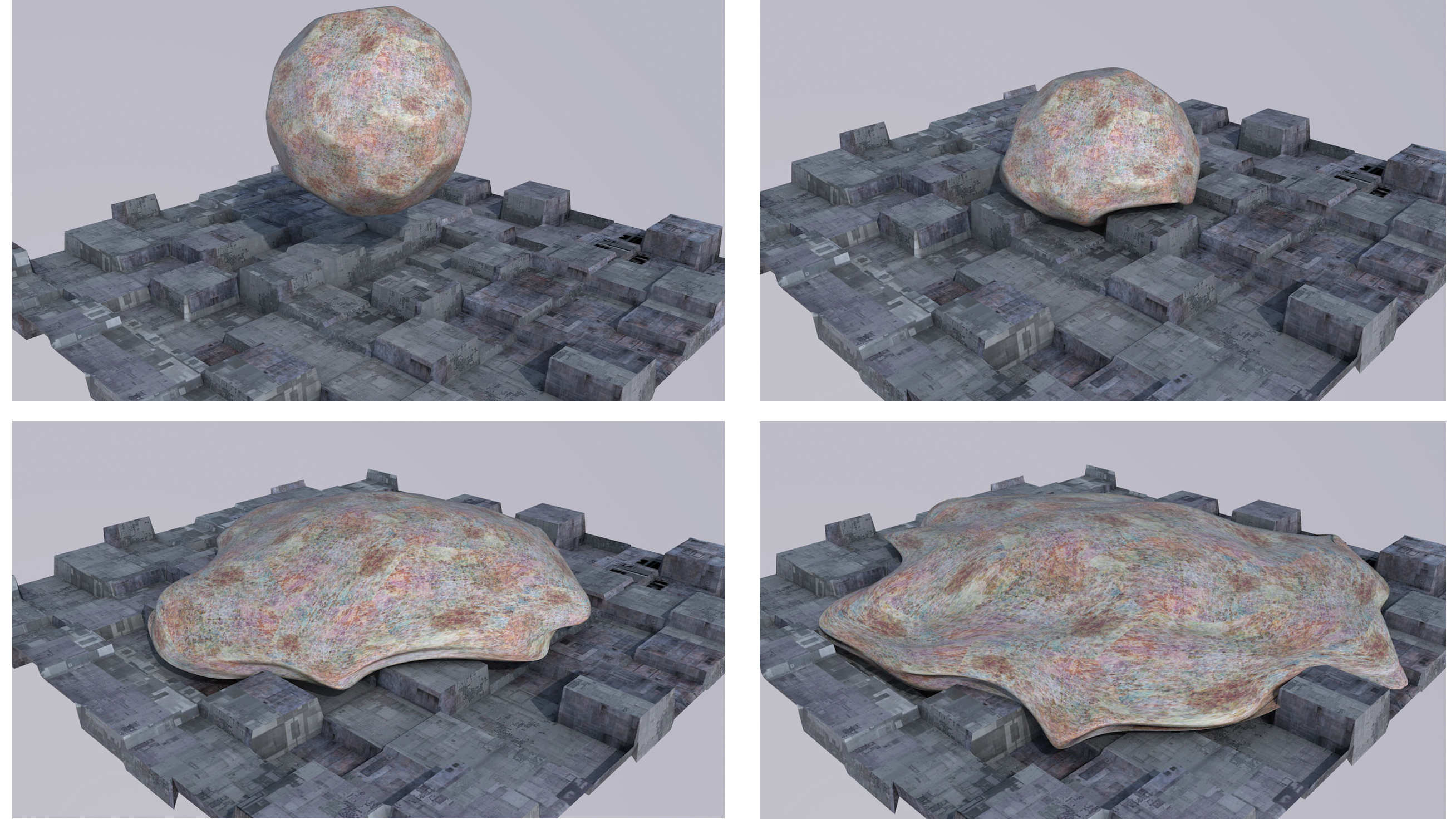 This sequence shows how you can use the particle system in collision with a surface to deform an otherwise solid object