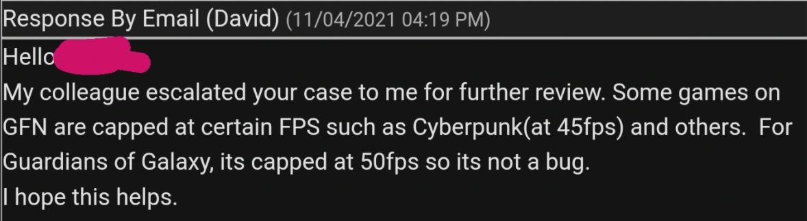 Nvidia's email response to inquiries on frame rate caps