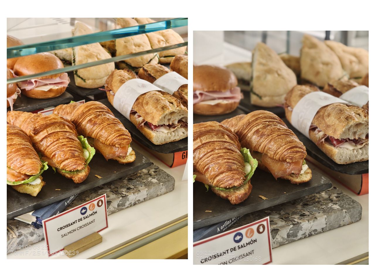 Two nearly identical photos of sandwiches next to each other showing different processing
