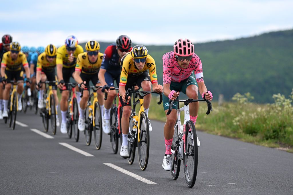 BRIVESCHARENSAC FRANCE JUNE 06 James Callum Shaw of United Kingdom and Team EF Education Easypost leads the peloton during the 74th Criterium du Dauphine 2022 Stage 2 a 1698km stage from SaintPray to BrivesCharensac WorldTour Dauphin on June 06 2022 in BrivesCharensac France Photo by Dario BelingheriGetty Images