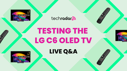 A green hexagonal grid of boxes filled with cutouts of the LG C6 OLED TV and its remote with the words 'TESTING THE LG C6 OLED TV LIVE Q&A'