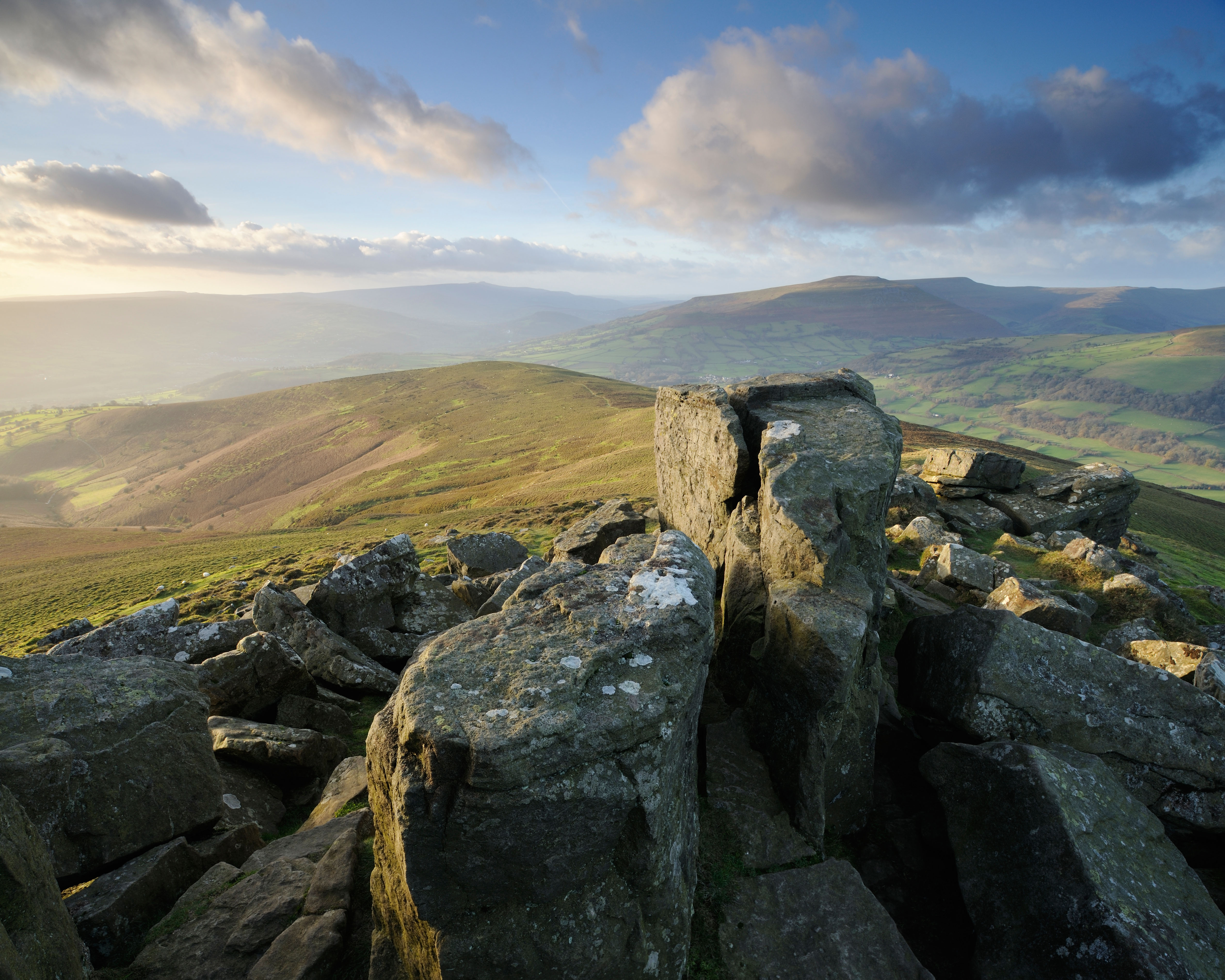 A spectacular view looking west from the top of Sugar Loaf mountain in the Black Mountains, Brecon Beacons, Wales