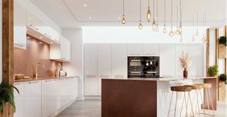 white kitchen with statement hangig pendant lights over the kitchen island to support a key kitchen trend 2024