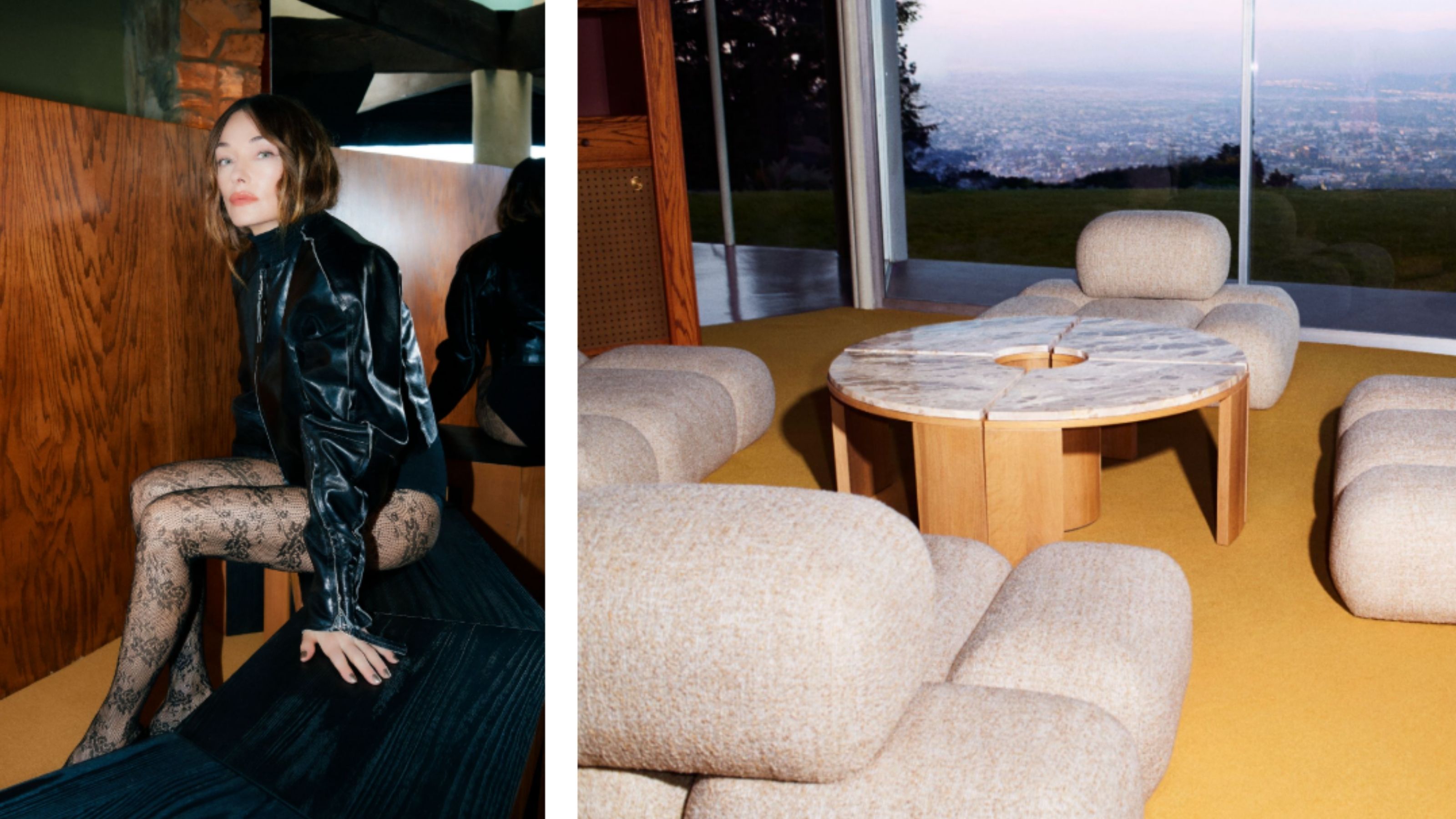 A two-part image showing a woman in lace black tights and a sheeny, black leather bomber jacket, and a series of modular beige sofas sitting around a spherical coffee table in wood and marble.
