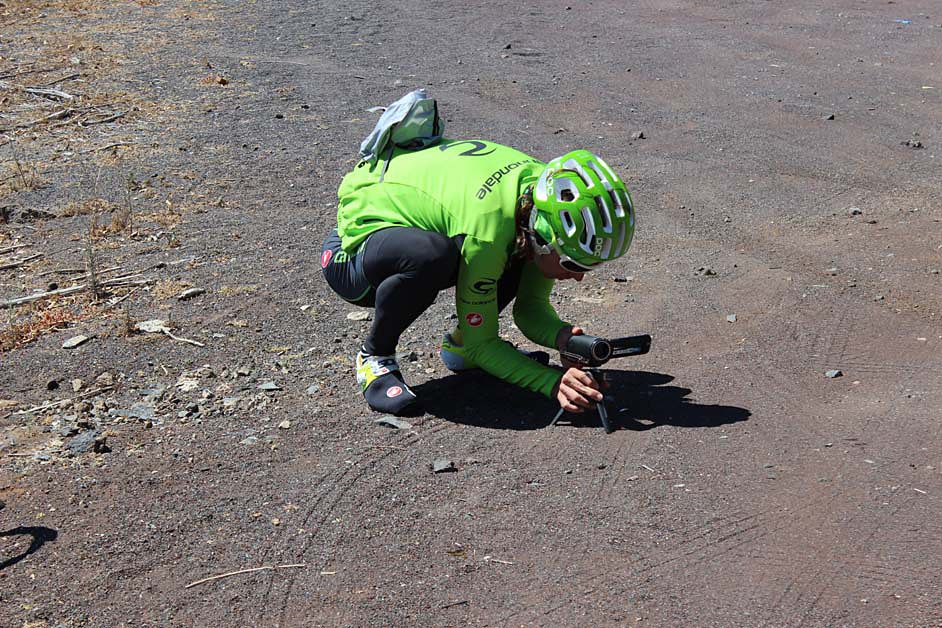 Rigoberto Uran sets up his video camera to record moments of the training ride