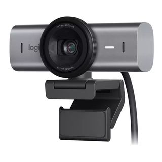 A Logitech MX Brio webcam on a white background