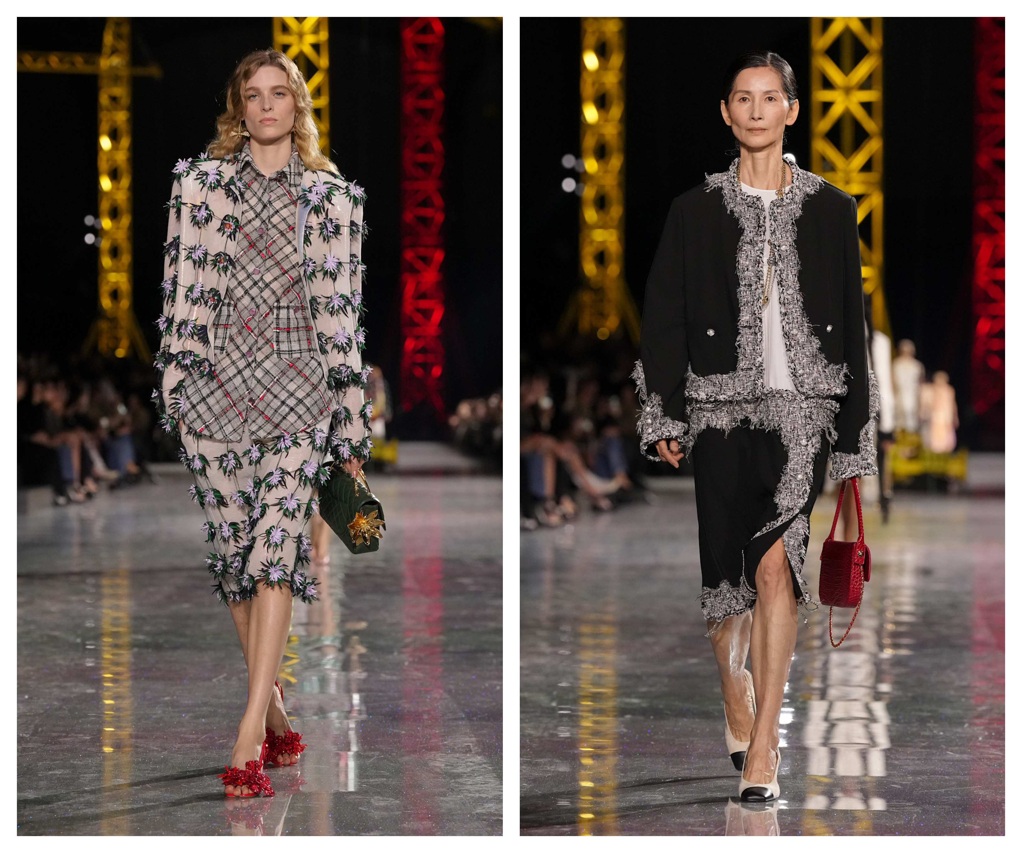 two models on the Chanel Fall 2026 runway wearing matching skirt suits