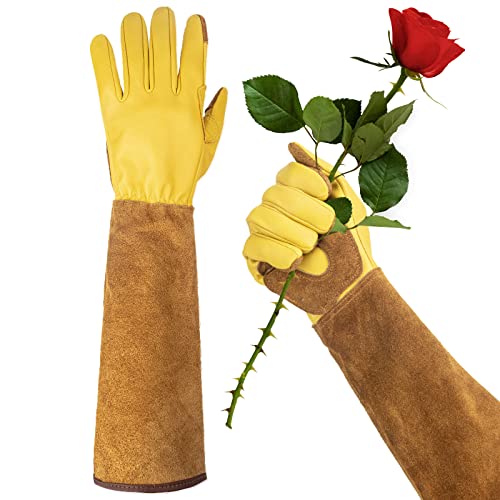 Long Gardening Gloves for Women Thorn Proof,rose Pruning Cowhide Leather Garden Gloves for Cactus, Rose and Blackberry, Medium (1 Pair)