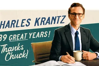 A graphic of a man (Tom Hiddleston) holding a coffee mug and writing on a booklet. The graphic reads "Charles Krantz. 39 great years! Thanks Chuck!"