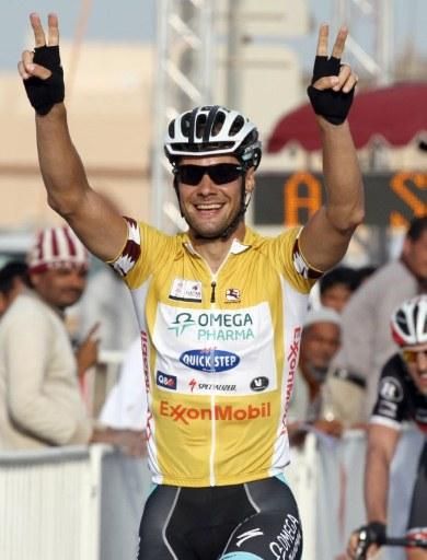Race leader Tom Boonen celebrates his second stage win at the Tour of Qatar.