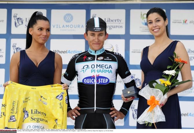 Michal Kwiatkowski (Omega Pharma-QuickStep) is presented with the Volta ao Algarve leader's jersey