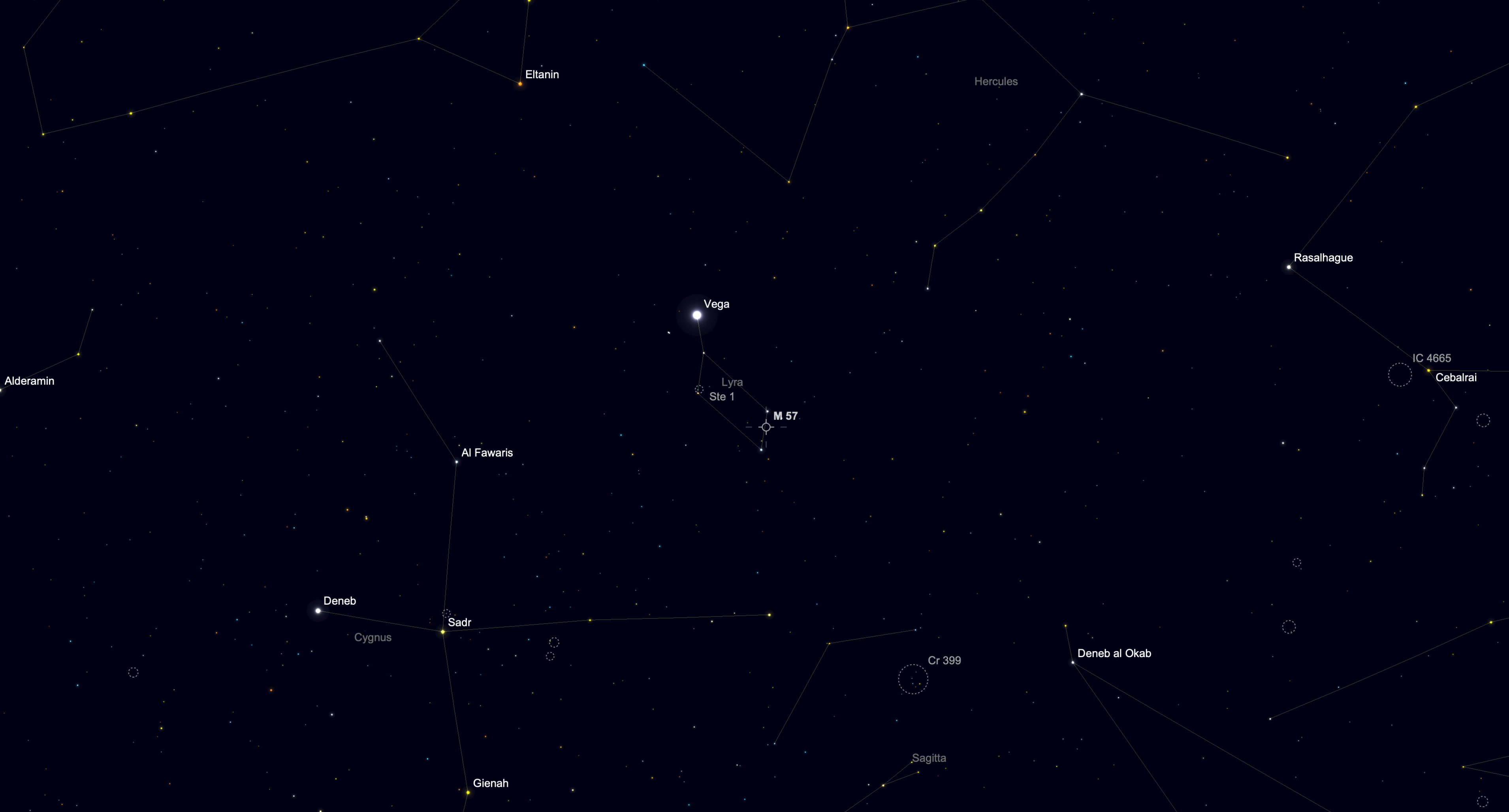 Sky chart locating the Ring Nebula in the constellation Lyra on June 23.