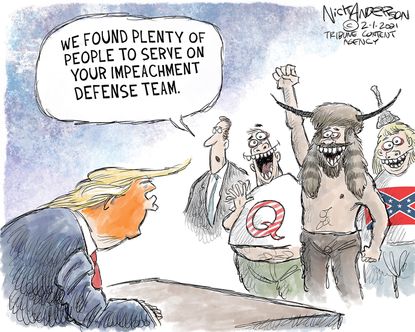 Political Cartoon U.S. Trump impeachment defense qanon