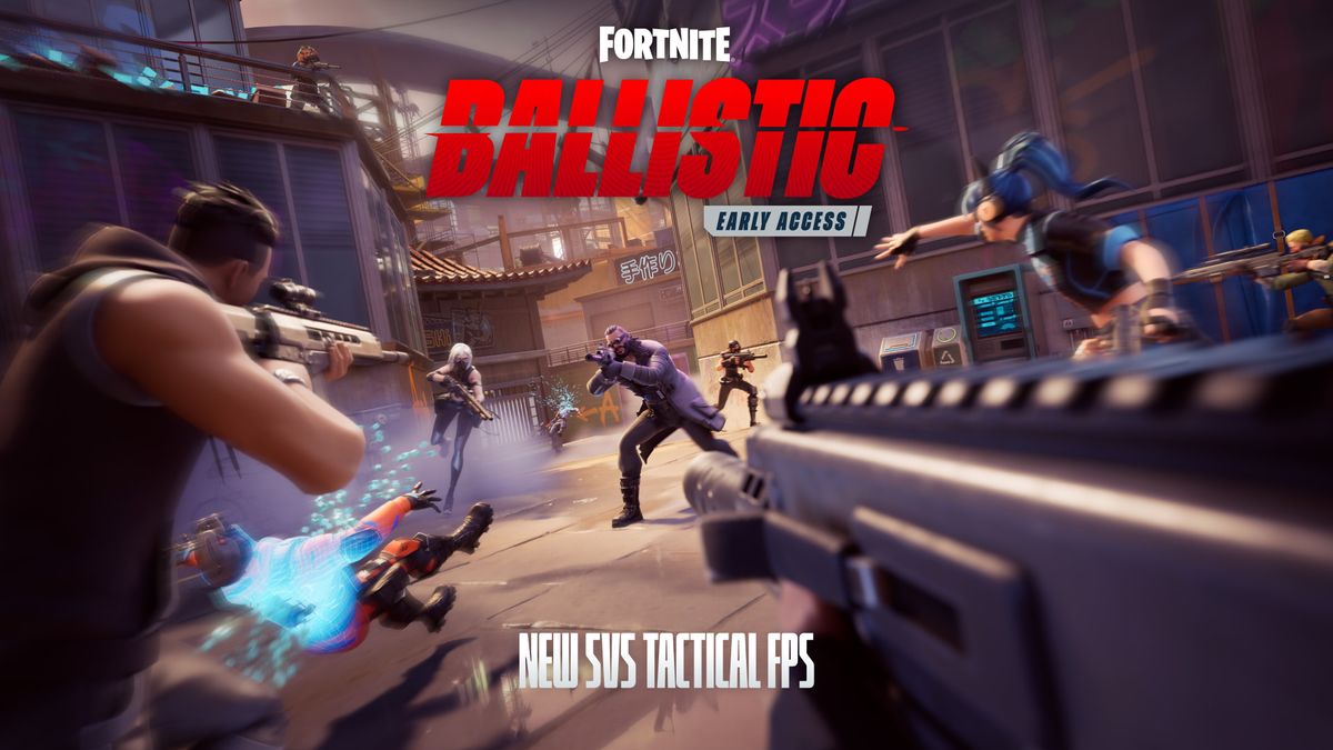 Key art for Fortnite Ballistic, the game&#039;s first first-person mode.