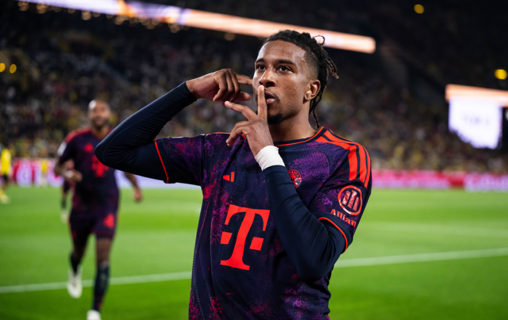 Michael Olise of FC Bayern Muenchen celebrates after scoring his team's second goal during the Franz Beckenbauer Supercup match between Borussia Dortmund and FC Bayern M&uuml;nchen at Signal Iduna Park on August 22, 2026 in Dortmund, Germany.