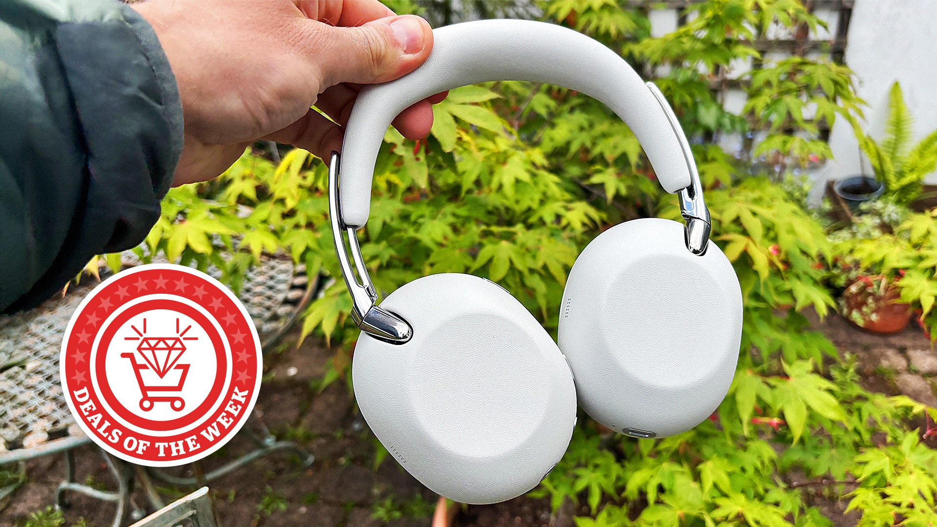 A picture of the Sony 1000x the Collexion headphones outside, with the deals of the week logo overlaid 