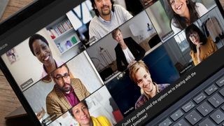 Videoconferencing via Microsoft Teams on laptop