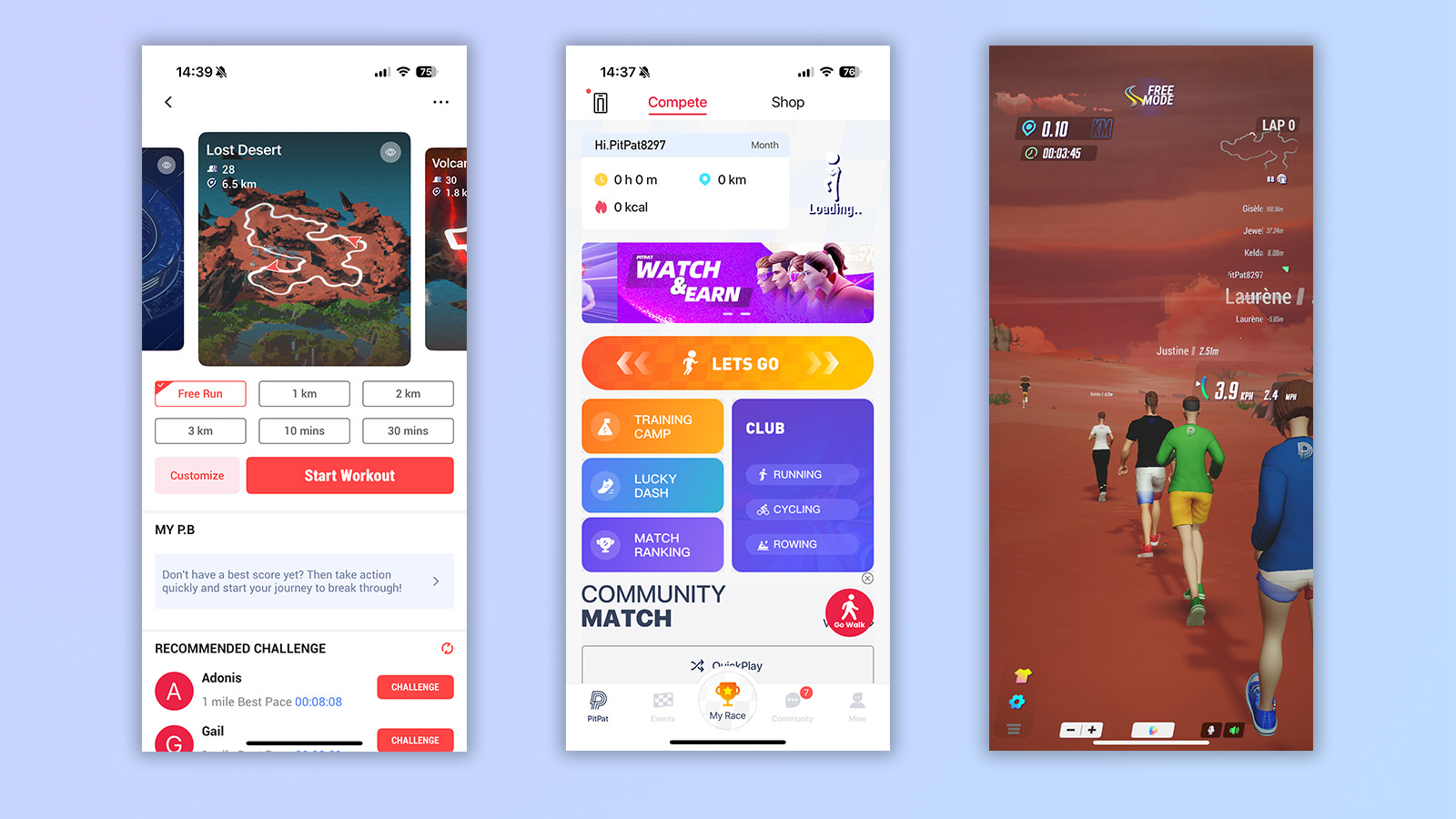 three screenshots from the pitpat app showing the home page, running routine, and map selection