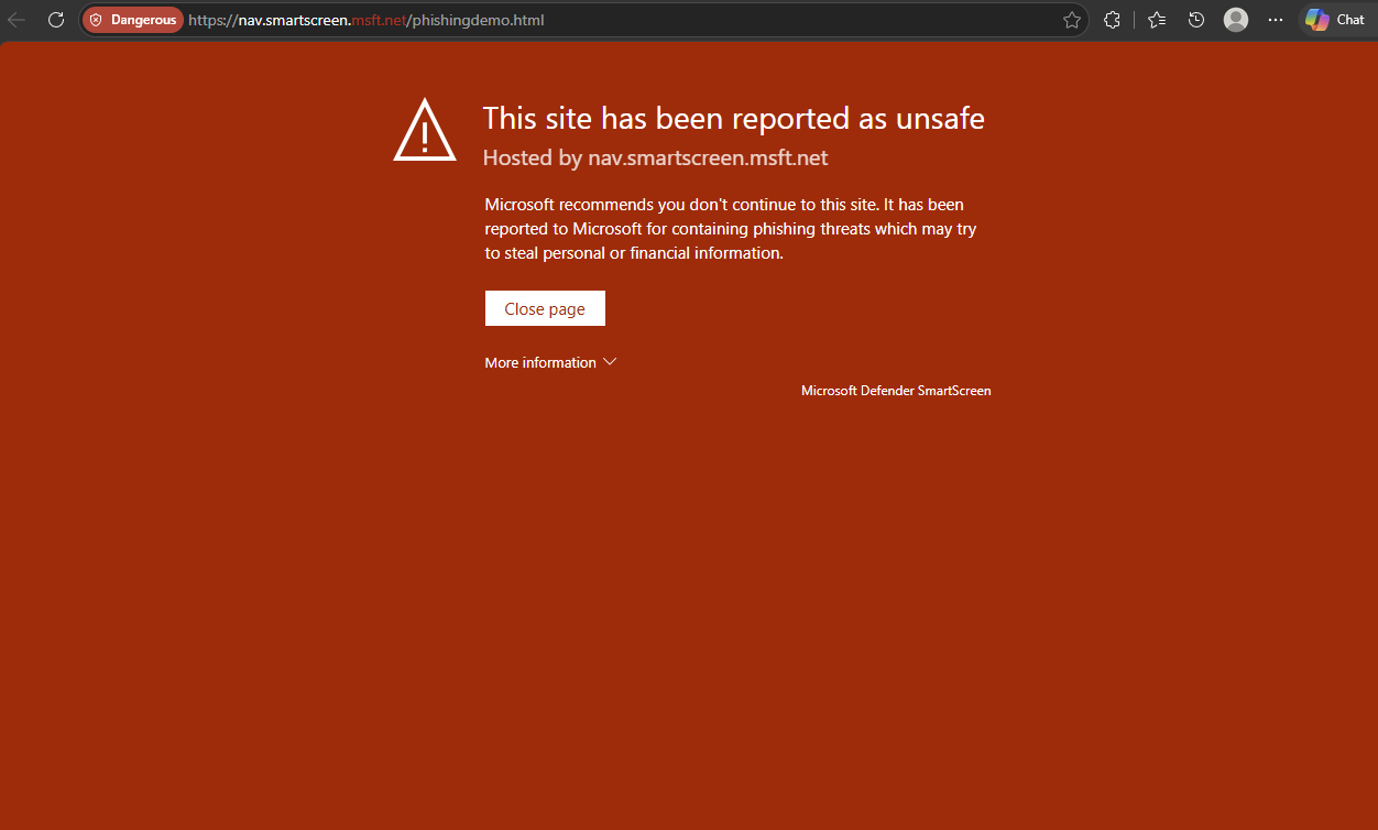 Webpage with SmartScreen warning about an unsafe site with phishing threats.
